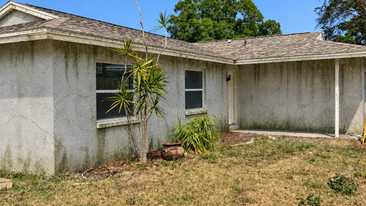 A stucco house wall streaked with mildew and dirt before painting